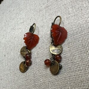 Elegant Leaf Drop Earrings in Red and Gold
